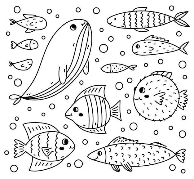 Ensemble De Différents Poissons Mignons Isolés Sur Fond Blanc Illustration De Doodle Dessinés à La Main