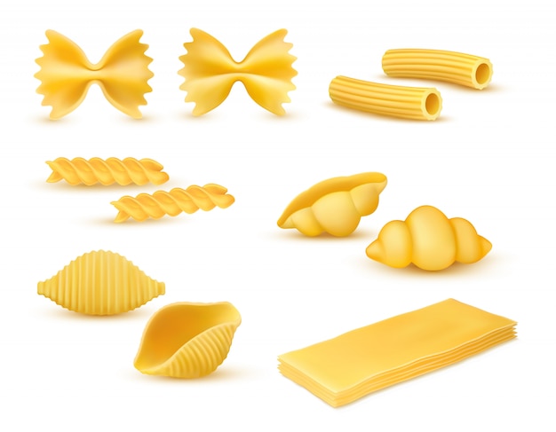 Vecteur ensemble de différents types de macaronis secs réalistes, assortiment de pâtes, cuisine italienne, pâtes, farfalle, conchiglie, rigatoni, fusilli, gnocchi, lasagnes, illustration vectorielle isolé sur fond blanc