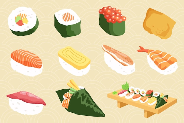 Ensemble De Différents Types De Sushis Sur Fond De Style Japonais