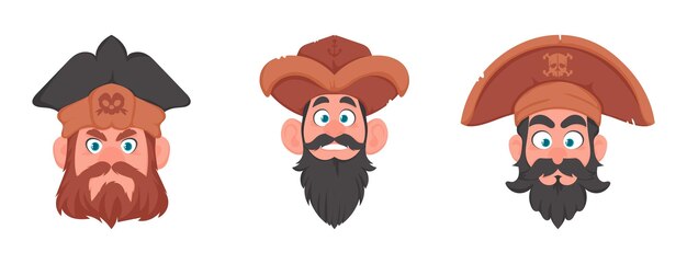 Ensemble de différents visages de pirates et de voleurs Style dessin animé