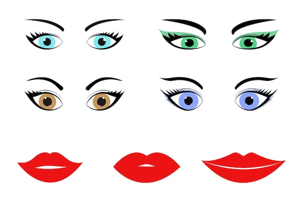 Vecteur ensemble de différents yeux humains sourcils et lèvres dessin animé fille éléments de visage illustration vectorielle