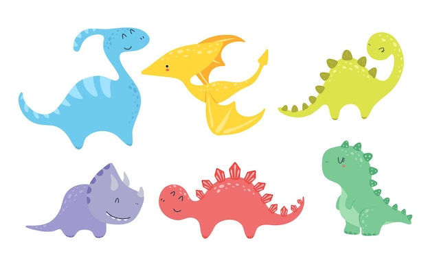 Ensemble De Dinosaures De Dessin Animé Mignon Dans Le Style Kawaii. Clip Art Ensemble De Six Dinosaures.