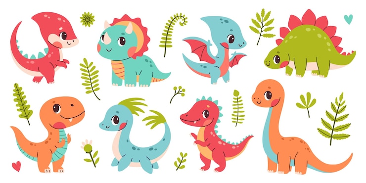 Vecteur un ensemble de dinosaures mignons un ensemble de clipart de dinosaures colorés mignons trex diplodocus triceratops pterodactel