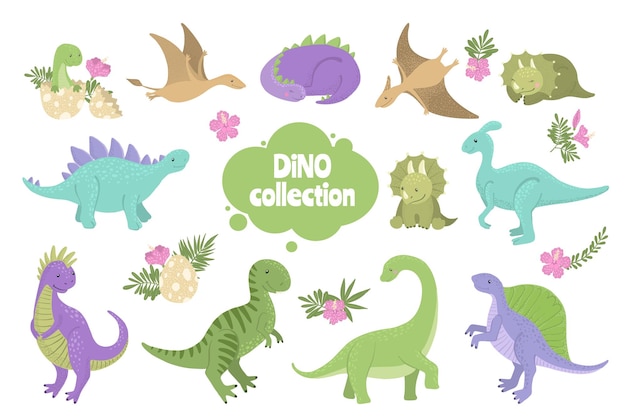 Ensemble De Dinosaures Mignons Isolé Sur Blanc