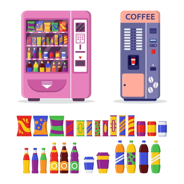 Ensemble De Distributeurs Automatiques. Illustrations Vectorielles D'un Magasin Automatique Vendant Des Boissons En Canettes Ou En Bouteilles Et Des Collations Alimentaires. Dessin Animé Vue De Face De L'équipement De Bar Ou De Magasin Blanc Isolé. Vente Au Détail, Concept De Produit