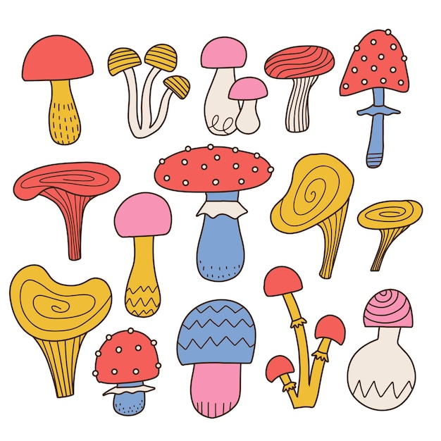 Un ensemble de divers champignons dessinés à la main rétro s champignons de style contour vecteur linéaire eps illustrat