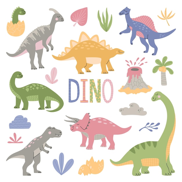 Vecteur ensemble de divers dinosaures de dessins animés parmi les plantes tropicales, les palmiers, le volcan et l'inscription dino