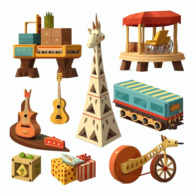 Ensemble de divers jouets en bois isolés sur fond Illustration vectorielle plane dessin animé