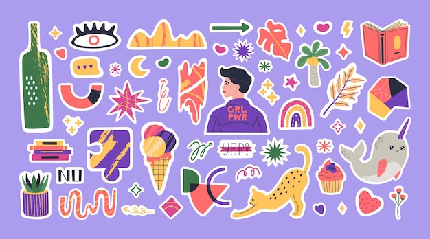 Ensemble de divers planificateur d'autocollants à la mode Éléments colorés et lettrage pour planificateur quotidien ou agendas Citations de motivation d'images hebdomadaires mignonnes Illustration vectorielle dessinée à la main dans un style de dessin animé plat