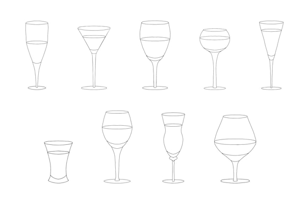 Ensemble de divers verres à liqueur dessinés à la main