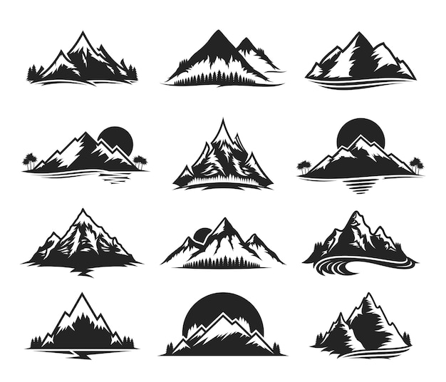 Ensemble de diverses icônes monochromes de montagne