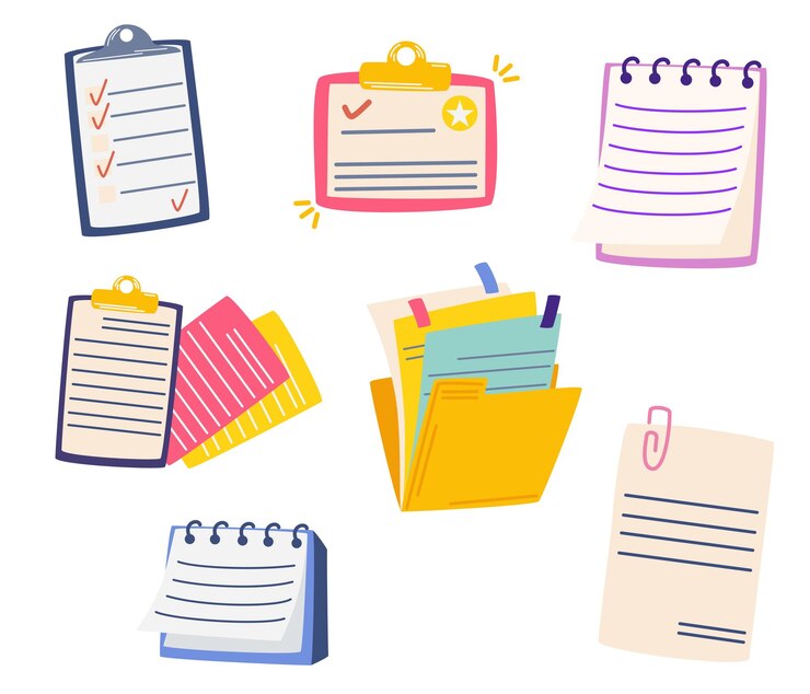 Vecteur ensemble de documents et de dossiers contractuels documents avec des signatures de feuilles de papier et des notes autocollantes emploi des affaires et des finances embauche illustration de dessin animé de vecteur isolée sur fond blanc