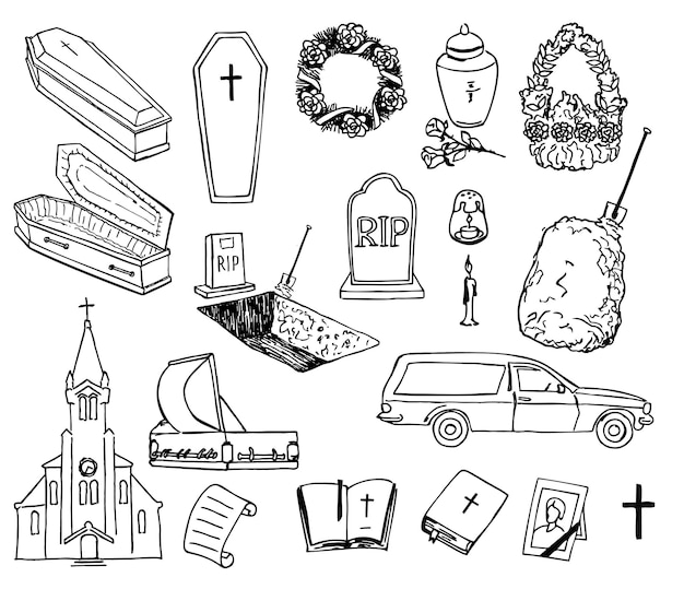 Ensemble de doodle d'attributs funéraires et de cimetière Collection de croquis de pictogrammes de contour de haute qualité