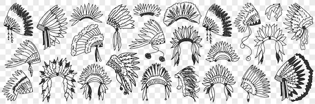 Ensemble de doodle coiffe de plumes indiens