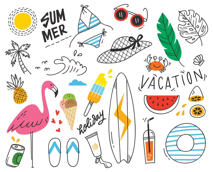 Ensemble de doodle d&#39;été sur fond blanc