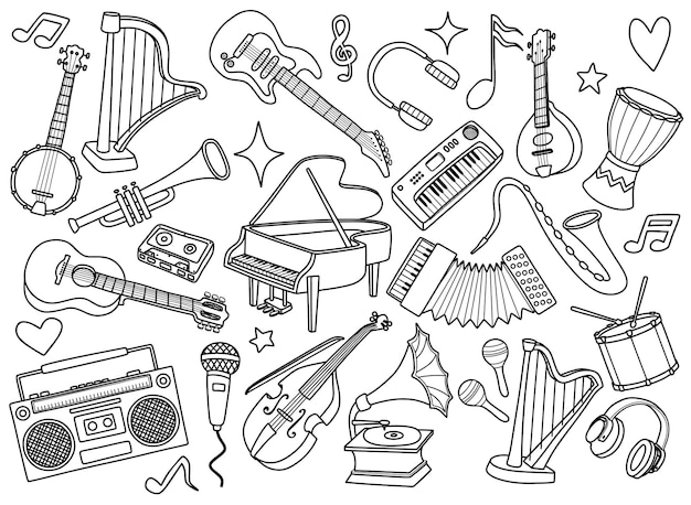Vecteur ensemble de doodle d'instruments de musique