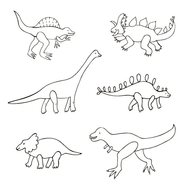 Ensemble de doodle de ligne vectorielle d'illustrations de dinosaures