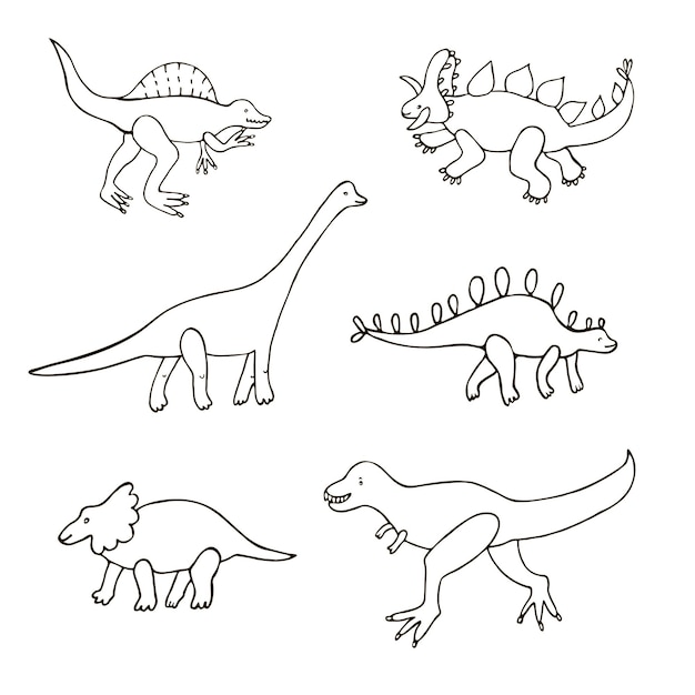 Ensemble De Doodle De Ligne Vectorielle D'illustrations De Dinosaures