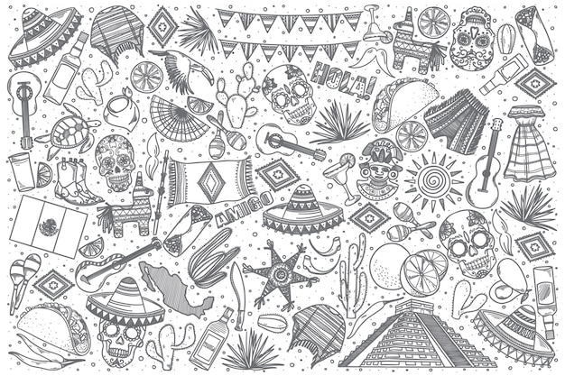 Ensemble de doodle Mexique dessiné à la main