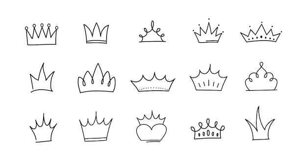 Ensemble De Doodle Mignon D'éléments De Couronne De Princesse Illustration Vectorielle Dessinés à La Main Anniversaire Nouvel An