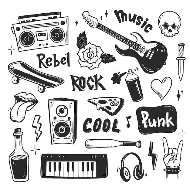 Vecteur ensemble de doodle de musique punk rock n roll