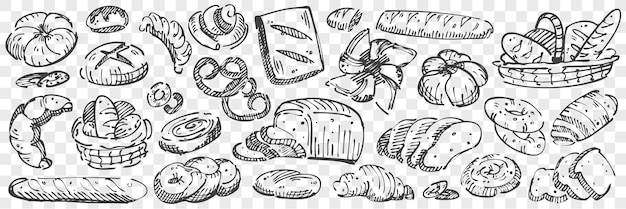 Vecteur ensemble de doodle de pain dessiné à la main. collection de croquis de dessin au crayon craie de pains toasts baguette bretzel muffins brioches swiss roll bagel beignets sur fond transparent. illustration de cuisson des aliments.