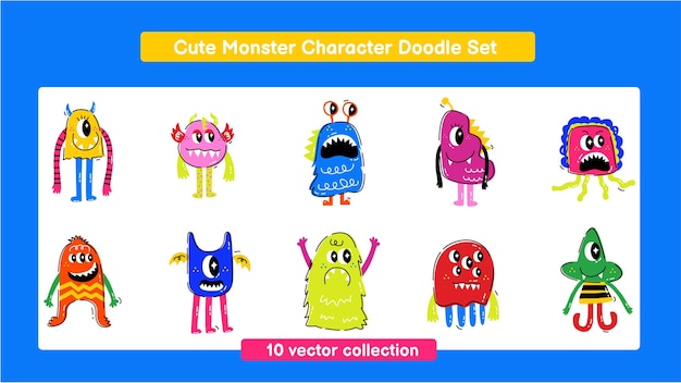 Vecteur un ensemble de doodle avec des personnages monstres mignons