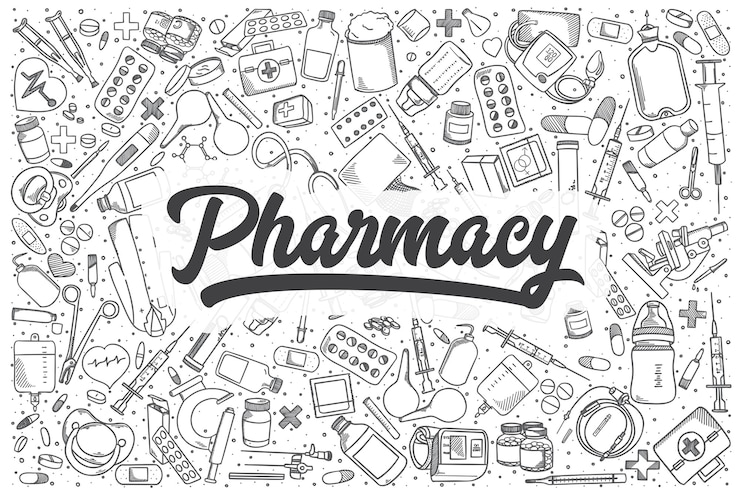 Vecteur ensemble de doodle de pharmacie dessiné à la main. lettrage - pharmacie