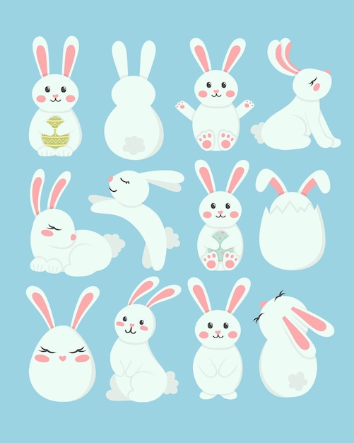 ensemble de doodle plat clipart mignons lapins de pâques