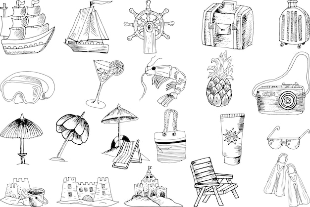Ensemble de doodle de voyage d'été dessinés à la main Illustration vectorielle de voyage