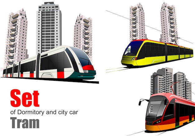 Vecteur ensemble de dortoir et voiture de ville tram vector illustration 3d