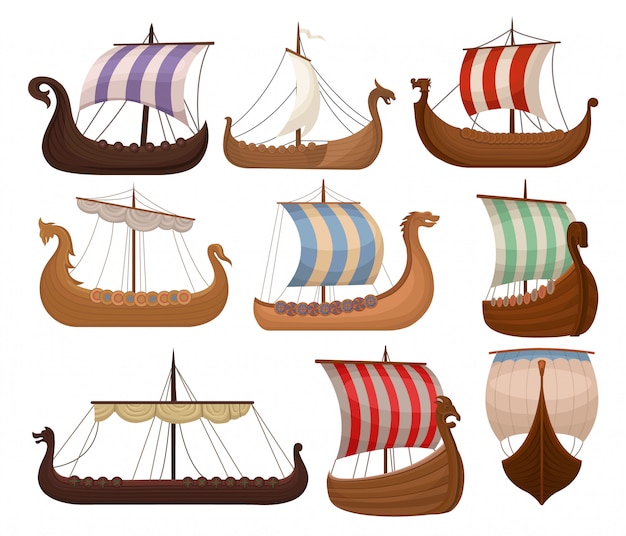 Ensemble de draccars scandinaves Viking, navire normand avec ventes de couleurs Illustrations sur fond blanc