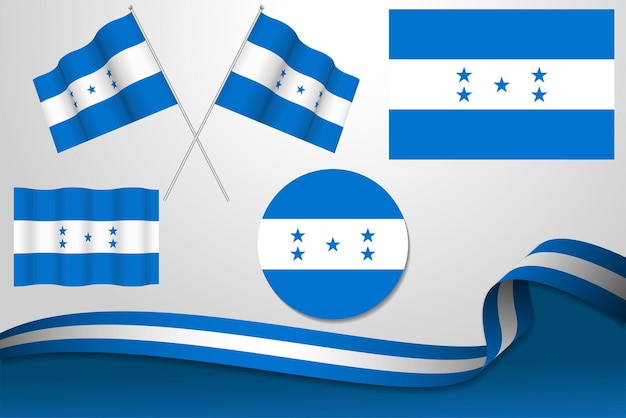 Vecteur ensemble de drapeaux du honduras dans différentes conceptions icône écorchant des drapeaux avec ruban avec fond