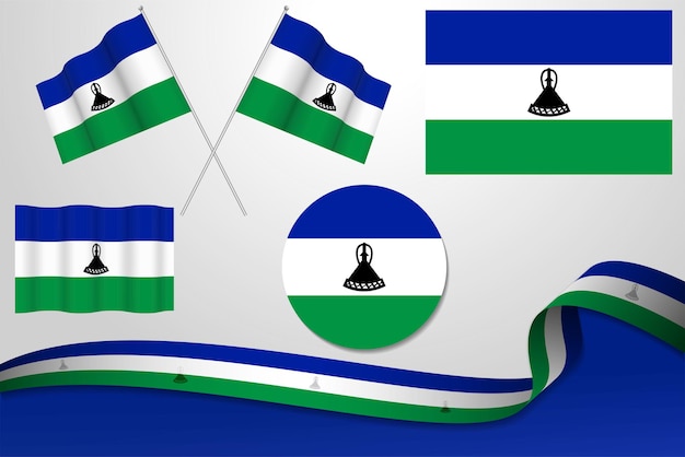 Vecteur ensemble de drapeaux du lesotho dans différentes conceptions icône écorchant des drapeaux avec ruban avec fond