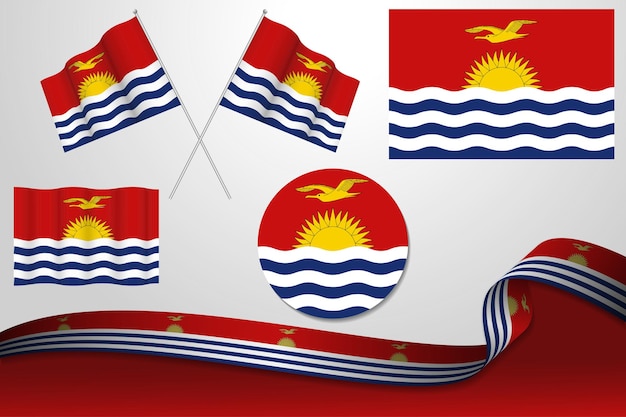 Ensemble De Drapeaux Kiribati Dans Différentes Conceptions, Icône, Drapeaux écorchés Et Ruban Avec Fond.