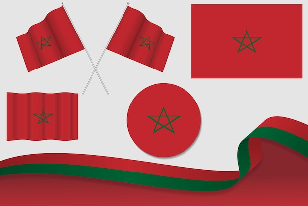 Vecteur ensemble de drapeaux marocains dans différentes conceptions icône écorchant des drapeaux avec ruban avec fond