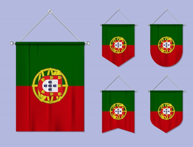 Vecteur ensemble de drapeaux suspendus portugal avec texture textile. formes de diversité du pays du pavillon national. fanion de modèle vertical.