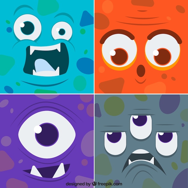 Ensemble de drôles de monstres visages colorés