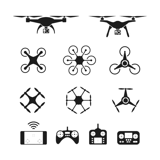 Vecteur ensemble de drone aérien ou quadcopter et icônes de contrôle à distance