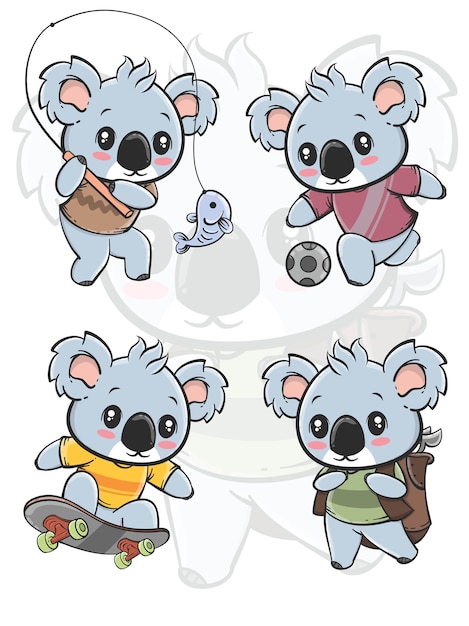 Vecteur ensemble du personnage de dessin animé mignon koala activité de plein air - tous les passe-temps