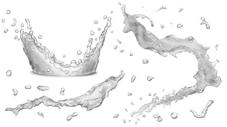 Vecteur ensemble d'éclaboussures d'eau opaques, de gouttes d'eau et de couronne de tomber dans l'eau dans des couleurs grises, isolées sur fond blanc
