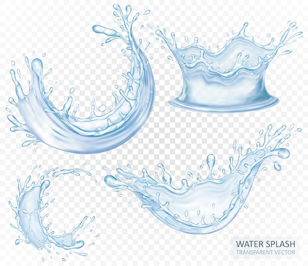 Ensemble d'éclaboussures d'eau réaliste isolé sur fond transparent clair. Vagues de liquide bleu. conception.