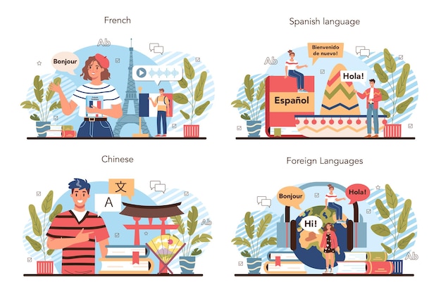 Vecteur ensemble d'école de langue. professeur enseignant les langues étrangères. les élèves apprennent un nouveau vocabulaire linguistique. idée de communication globale. illustration vectorielle en style cartoon