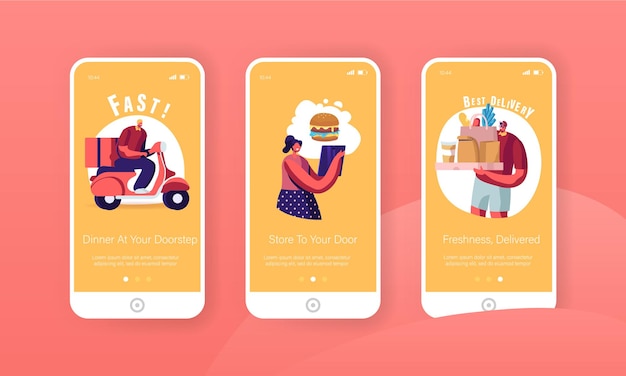 Vecteur ensemble d'écran intégré de la page d'application mobile de livraison express.