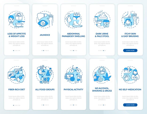 Ensemble d'écran de page d'application mobile d'intégration de la santé hépatique