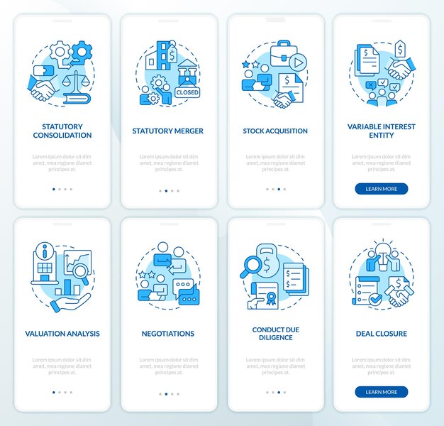 Ensemble d'écrans d'application mobile d'intégration bleu de consolidation d'entreprise