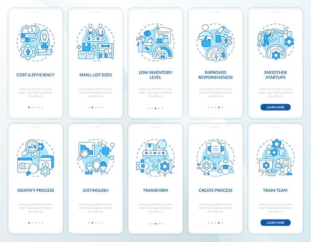 Ensemble d'écrans d'application mobile d'intégration bleu du système SMED