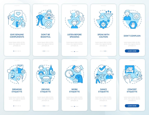 Ensemble d'écrans d'application mobile d'intégration bleu étiquette