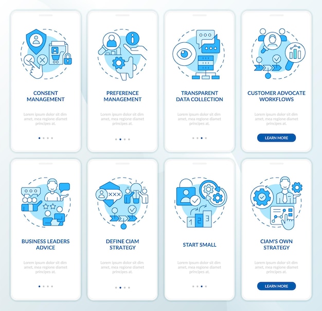 Ensemble d'écrans d'application mobile d'intégration bleu de gestion de l'identité du client