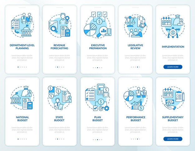 Ensemble d'écrans d'application mobile d'intégration bleue pour la budgétisation de l'État et du gouvernement